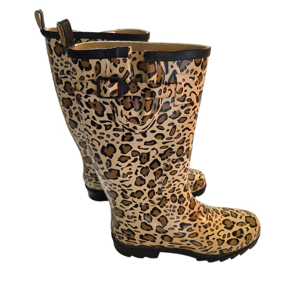 Nine West Leopard Print Knee High Rain Boots Waterproof Adjustable Sz 8